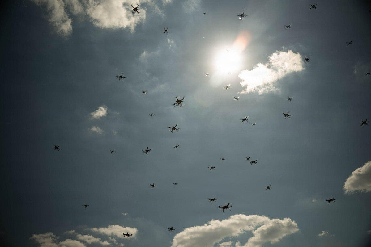 A drone swarm launches during the XVIII Airborne Corps' Scarlet Dragon 26-3 at Fort Bragg, N.C., Sept. 16, 2026. (U.S. Army photo by Sgt. Noe Cork)